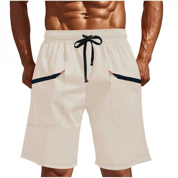 Hvot&aat Men's Casual Multi-Pocket Zipper Half shorts Pants Drawstring Tie-Front Fitted Pants Straight Shorts