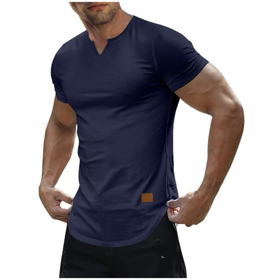 Hvot&aat Men's Casual Solid Color Textured T-Shirts Notch Neck Short Sleeve Tees Workout Athletic Tops
