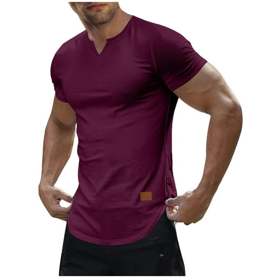 Hvot&aat Men's Casual Solid Color Textured T-Shirts Notch Neck Short Sleeve Tees Workout Athletic Tops
