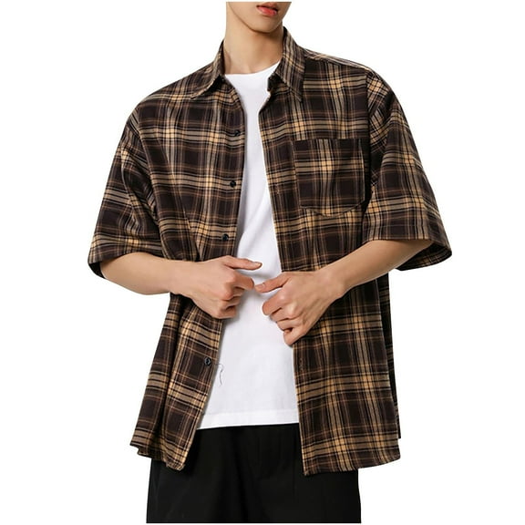 Hvot&aat Men's Classic Plaid Shirt Casual Button Down 3/4 Sleeve Cardigan Loose Fit Soft Outdoor Shirts