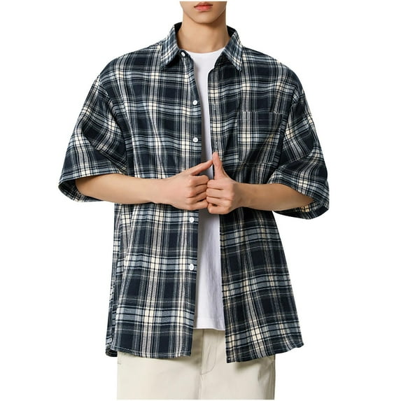 Hvot&aat Men's Classic Plaid Shirt Casual Button Down 3/4 Sleeve Cardigan Loose Fit Soft Outdoor Shirts