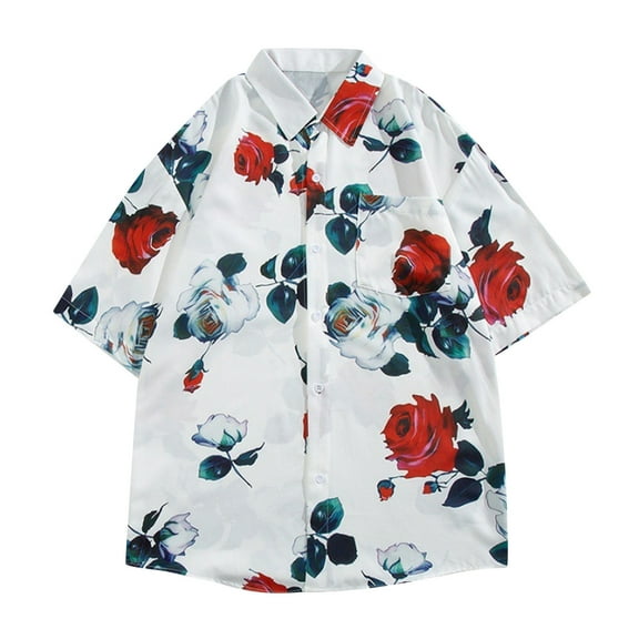 Hvot&aat Men's Hawaiian Floral Print T-Shirts Loose Button Down Short Sleeve Tee Summer Beach Vacation Blouse