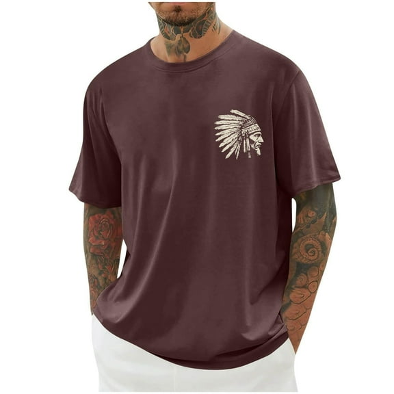 Hvot&aat Men's Indian Eagle Chief Vintage T-Shirt Summer Crew Neck Short Sleeve Tops Loose Fit Blouses