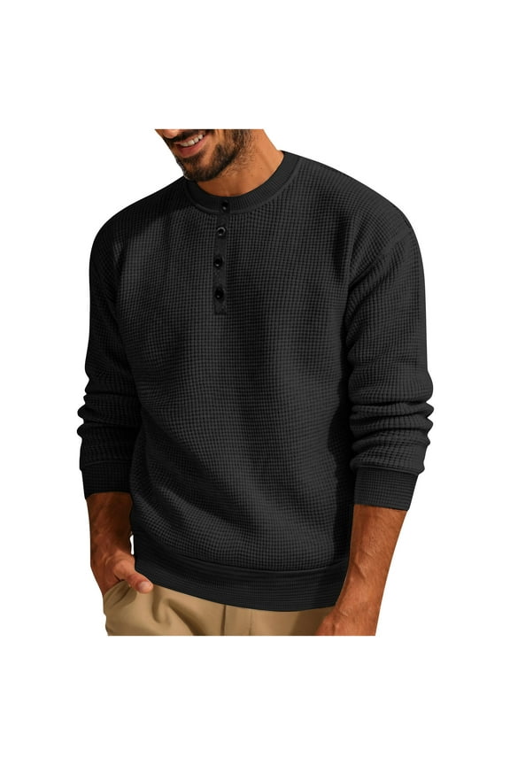 Men’s Knit Sweater Heavyweight Waffle Thermal Pullover Button Down Henley Shirts Long Sleeve Crewneck Tops