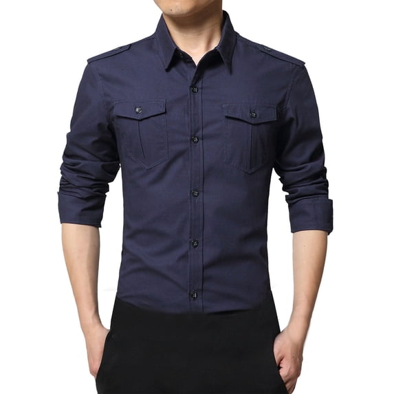 Hvot&aat Men's Long Sleeve Tactical Shirts Military Style Double Pocket Shirt Slim Fit Outdoor Hiking Fishing Shirt