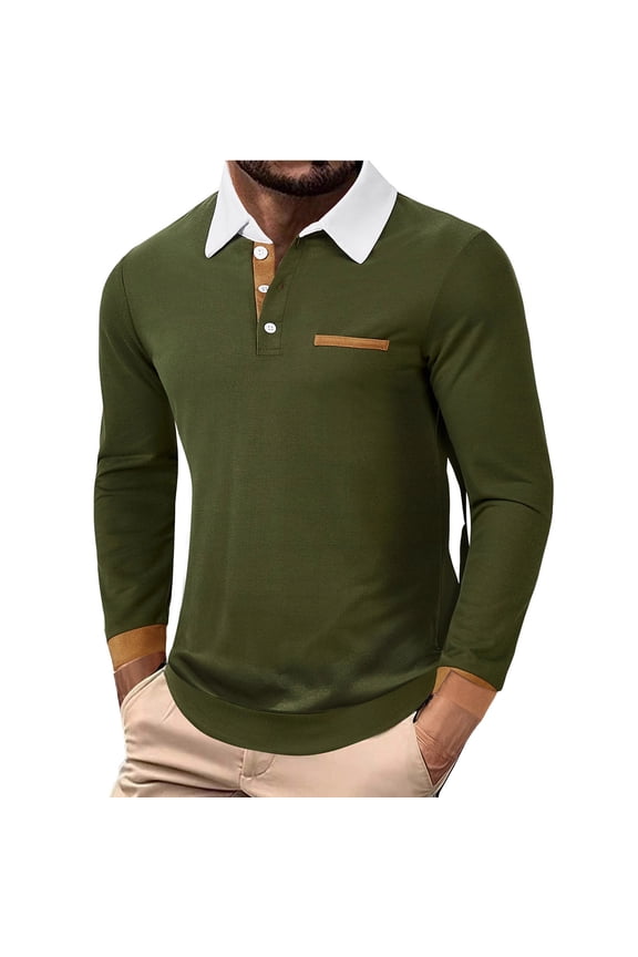 Men's Patchwork Polo Shirts Long Sleeve Button-Up Flap Collar Shirt Classic Casual Golf Shirts