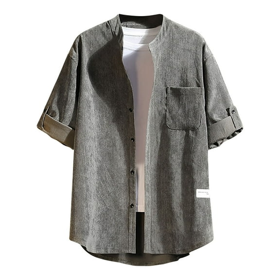 Hvot&aat Men's Plus Size Button Down Shirt Rolled Short Sleeve Collarless Tops Casual Work Blouses with Pocket