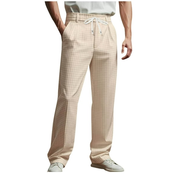 Hvot&aat Men's Retro Prints Pants Business Casual Straight Type Trousers Drawstring Outdoor Pants