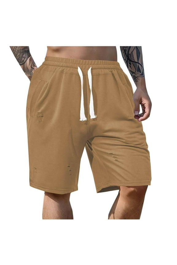 Men's Solid Color Shorts Distressed Ripped Wide Leg Shorts Drawstring Elastic Waist Gym Workout Shorts