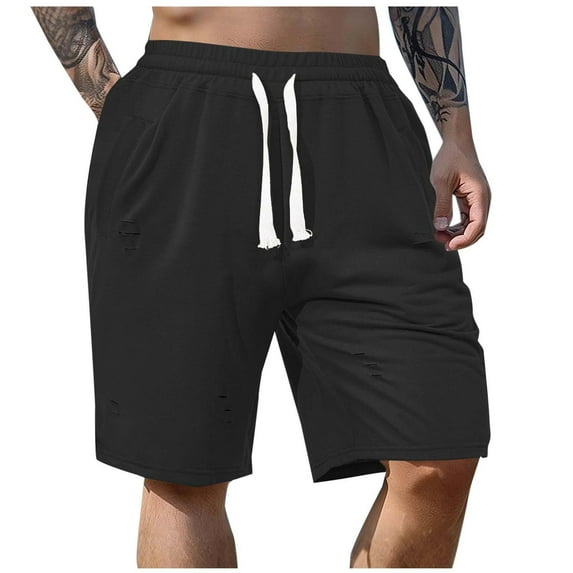 Hvot&aat Men's Solid Color Shorts Distressed Ripped Wide Leg Shorts Drawstring Elastic Waist Gym Workout Shorts