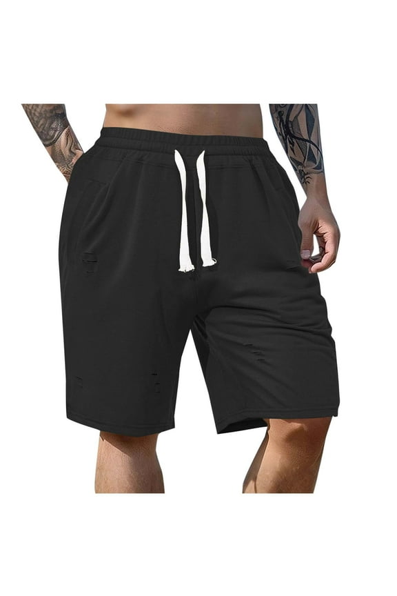 Men's Solid Color Shorts Distressed Ripped Wide Leg Shorts Drawstring Elastic Waist Gym Workout Shorts