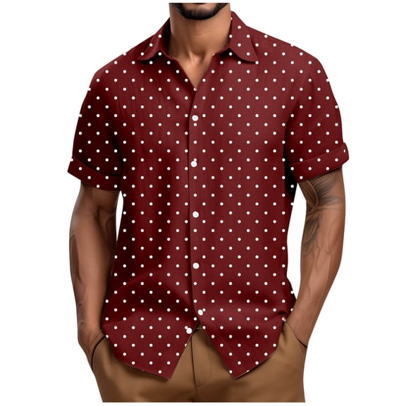 Hvot&aat Men's Summer Button Down Shirt Polka Dot Print Short Sleeve Tops Business Casual Blouse