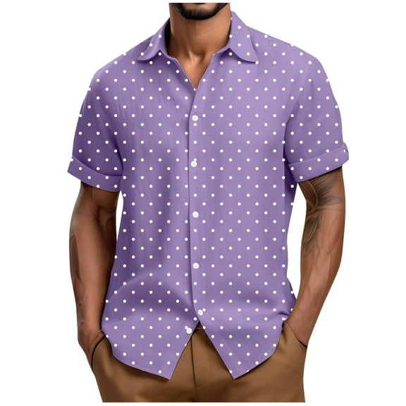 Hvot&aat Men's Summer Button Down Shirt Polka Dot Print Short Sleeve Tops Business Casual Blouse