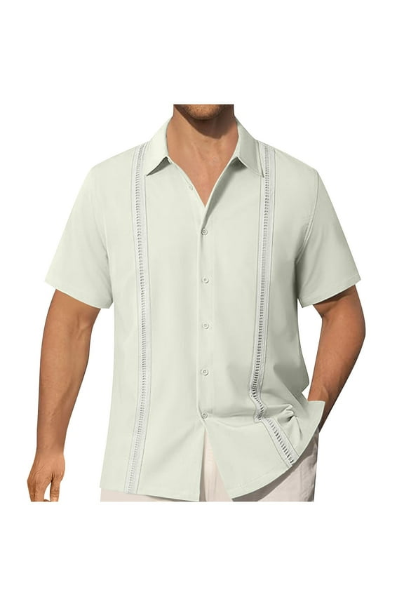 Men's Summer Cuban Guayabera Shirt Classic Short Sleeve Button Down Tops Casual Beach Blouse