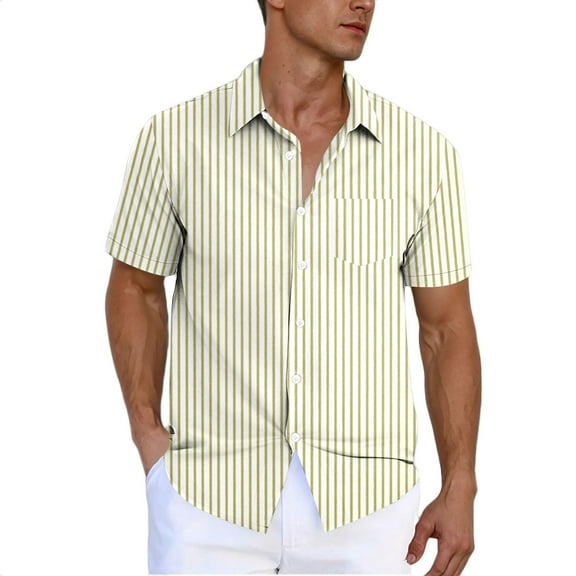 Hvot&aat Men's Vertical Striped Short Sleeve Shirts Business Casual Button Down Top Beach Cardigan With Pocket