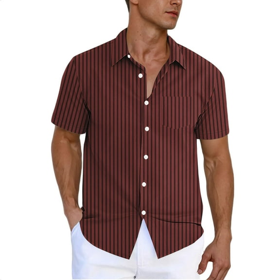 Hvot&aat Men's Vertical Striped Short Sleeve Shirts Business Casual Button Down Top Beach Cardigan With Pocket