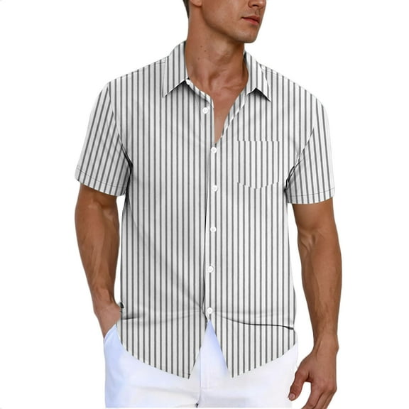 Hvot&aat Men's Vertical Striped Short Sleeve Shirts Business Casual Button Down Top Beach Cardigan With Pocket