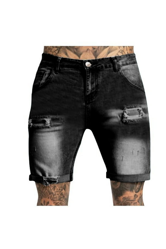 Men's Washed Distressed Denim Jeans Frayed Ripped Jean Classic Fit Straight Pants Roll Cuff Shorts