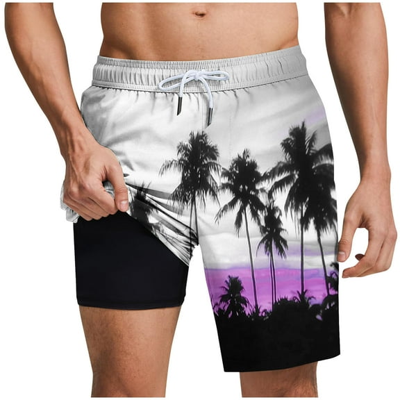 Hvot&aat Mens 2 in 1 Quick Dry Bathing Suits Drawstring Elastic Waist Beach Shorts with Lining Fashion Beach Print Pants