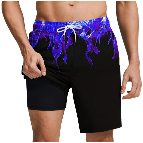 Hvot&aat Mens Fashion flame Print Swim Trunks with Liner Hawaiian Quick Dry Beach Swimwear Elastic Waist Shorts