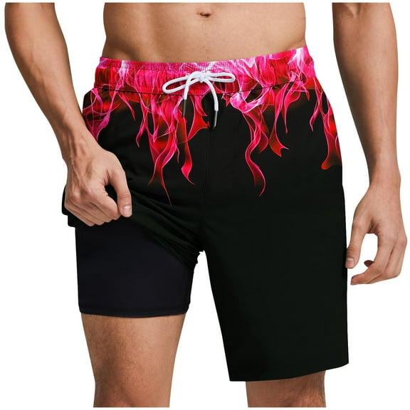 Hvot&aat Mens Fashion flame Print Swim Trunks with Liner Hawaiian Quick Dry Beach Swimwear Elastic Waist Shorts