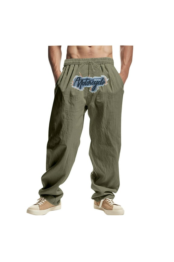 Mens Trendy Embroidered Patchwork Pants Elastic Waist Loose Fit Wide Leg Long Pants Lightweight Slacks with Pockets