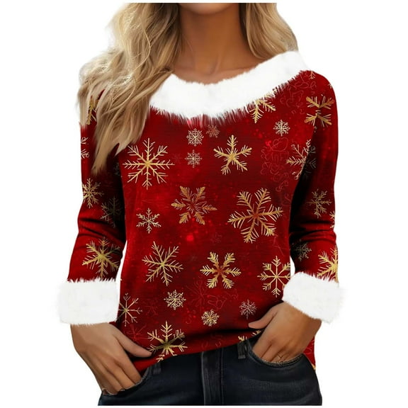 Hvot&aat Merry Christmas Sweaters for Women Faux Fur Trim V Neck Sweatshirts Xmas Graphic Long Sleeve Holiday Pullover