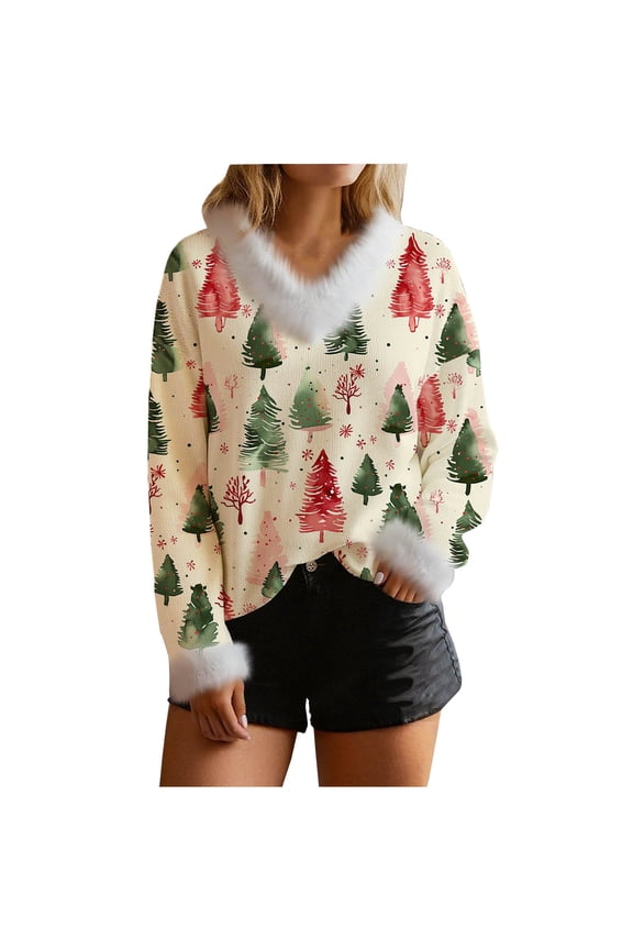 Merry Christmas Sweaters for Women Warm Fluffy V Neck Long Sleeve Pullover Santa Snowflake Top