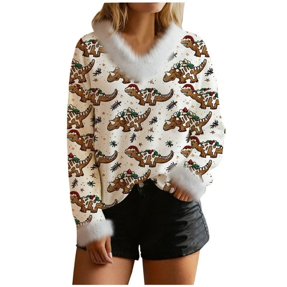 Hvot&aat Merry Christmas Sweaters for Women Warm Fluffy V Neck Long Sleeve Pullover Santa Snowflake Top