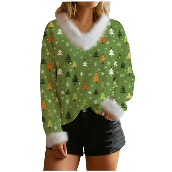 Hvot&aat Merry Christmas Sweaters for Women Warm Fluffy V Neck Long Sleeve Pullover Santa Snowflake Top