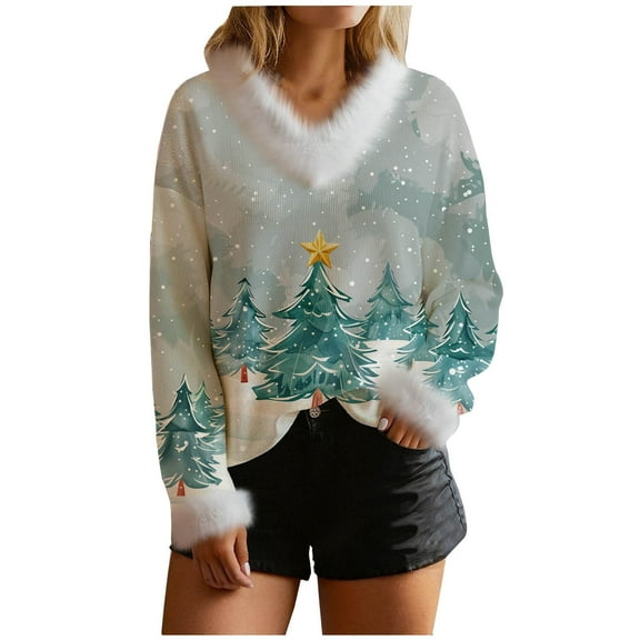 Hvot&aat Merry Christmas Sweaters for Women Warm Fluffy V Neck Long Sleeve Pullover Santa Snowflake Top