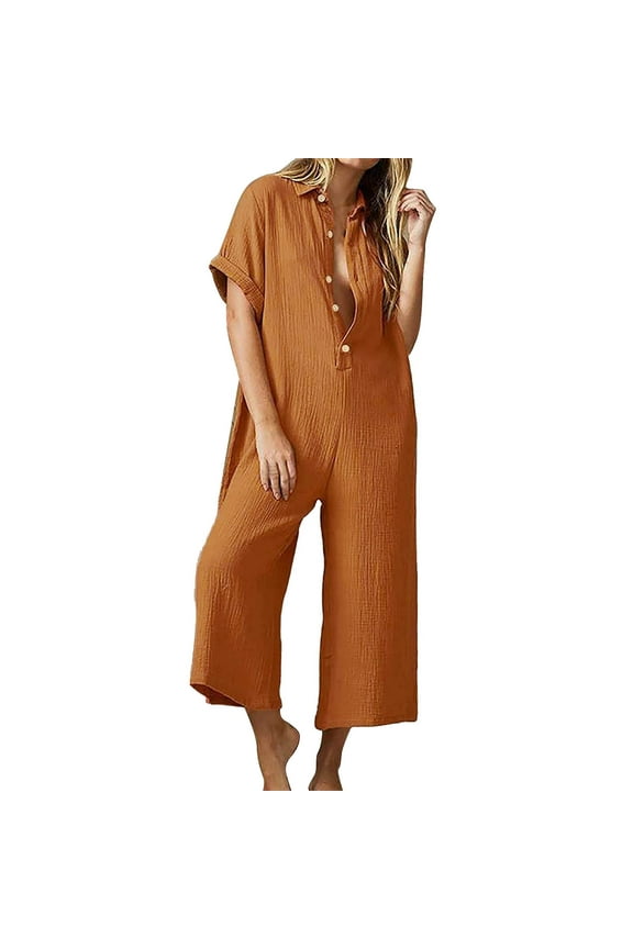 One Piece Jumpsuits for Women Casual Cotton Linen Short Sleeve Button Down Coverall Overalls Baggy Wide Leg Romper
