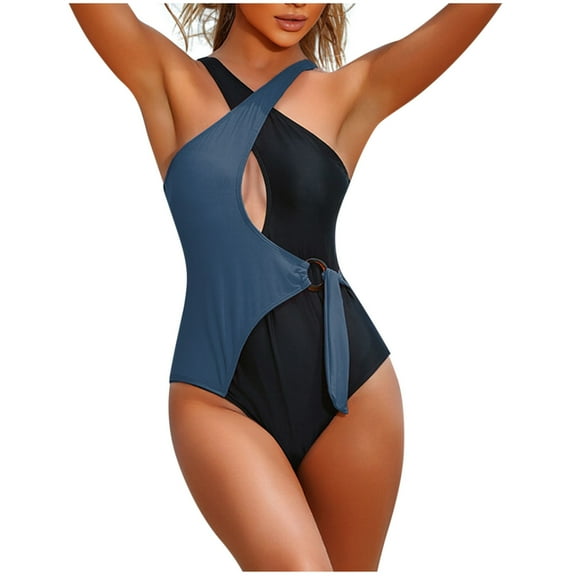 Hvot&aat One Piece Swimsuit for Women Color Block Bathing Suit Front Cross Halter Swimwear Sexy Cutout Sleeveless Bathing Suits