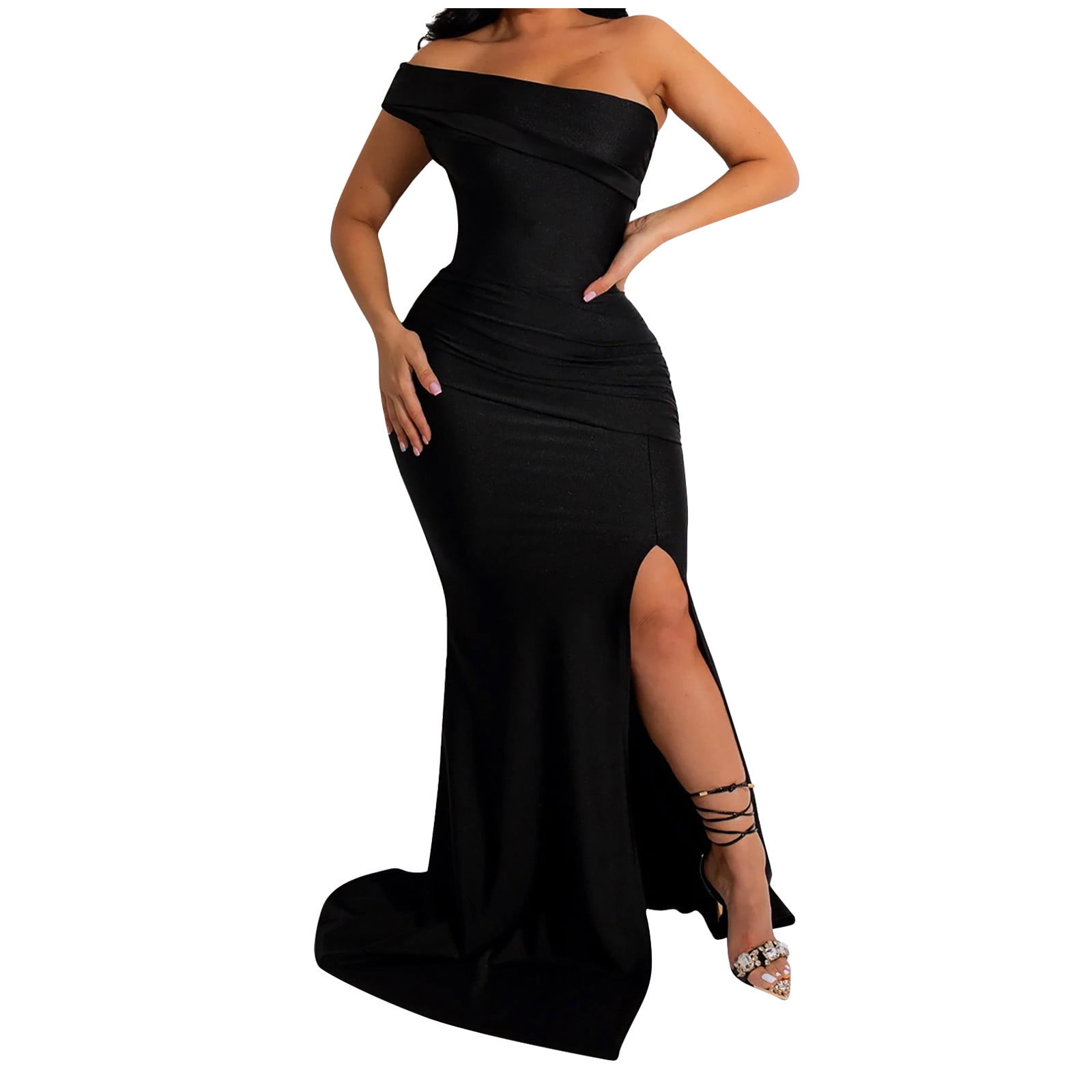 Hvot&aat One Shoulder Formal Dresses for Women Sexy Elegant Evening Gowns Split Thigh Bodycon Maxi Wedding Guest Dresses