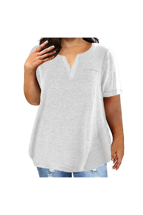 Plus Size Notch Neck T Shirts for Women Short Sleeve Simple Solid Tops Casual Summer Shirt Loose Fit Basic Tees
