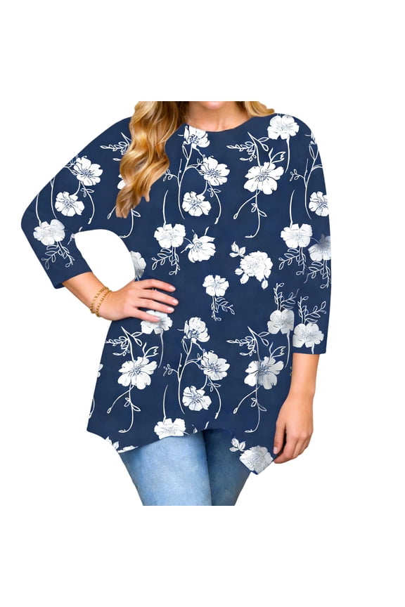 Plus Size Tops for Womens Floral Print Round Neck Asymmetrical Hem Long Sleeve Tunic Tops Swing Flare T-Shirt