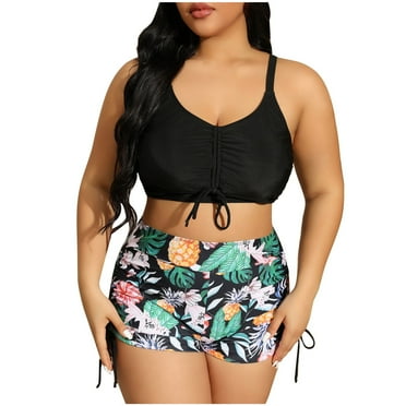 Hvot&aat Plus-size Womens High Waisted Tankini Twist Front Drawstring Swimsuit Floral Print Split Flat Leg Tie up Swimwear