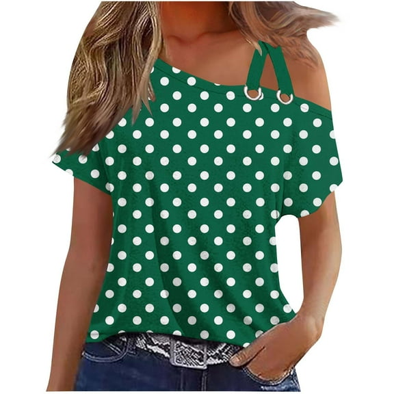 Hvot&aat Polka Dot T-Shirts for Womens O-Ring Off Shoulder Neck Short Sleeve Tees Casual Loose Fit Blouses