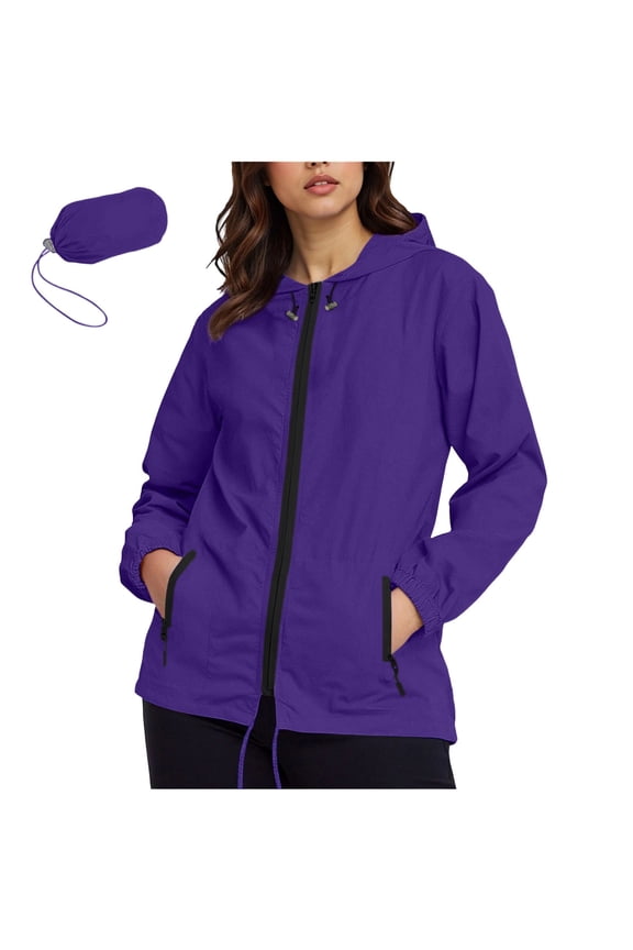 Rainproof Jacket for Women Packable Lightweight Windbreaker Jacket with Hood Solid Active Outdoor Coats