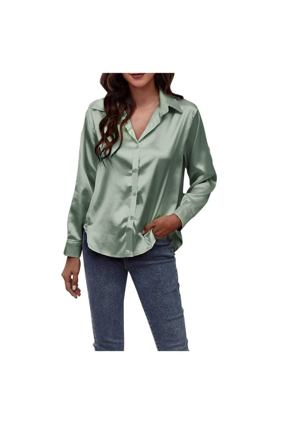 Satin Blouses for Women Button Down Silk Shirts V Neck Roll Up Long Sleeve Tees Casual Loose Office Work Tops