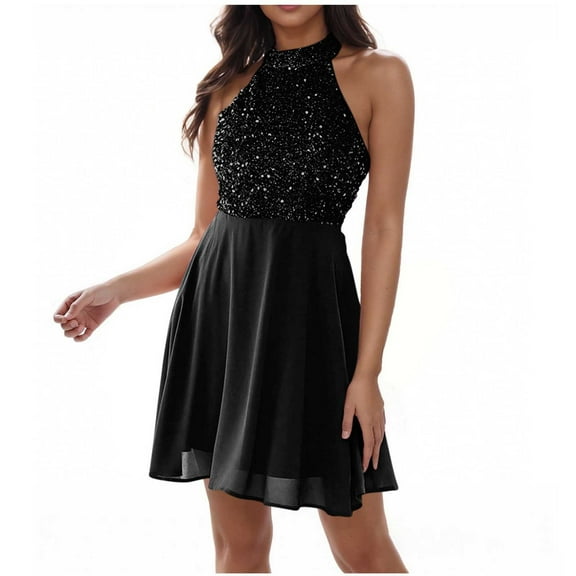 Hvot&aat Sequin Halter Prom Dress for Women Patchwork Sleeveless A-Line Flowy Dress Party Night Elegant Wedding Bridesmaid Dress