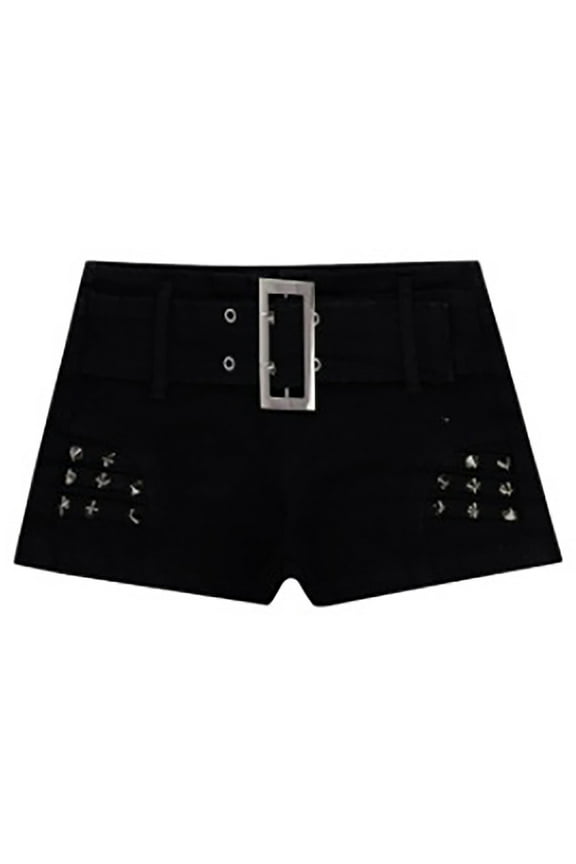 Sexy Mini Shorts for Women Mid Waist Buckle Closure Skinny Trousers Hollow Out Rivet Club Hot Pants