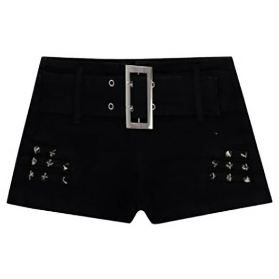Hvot&aat Sexy Mini Shorts for Women Mid Waist Buckle Closure Skinny Trousers Hollow Out Rivet Club Hot Pants