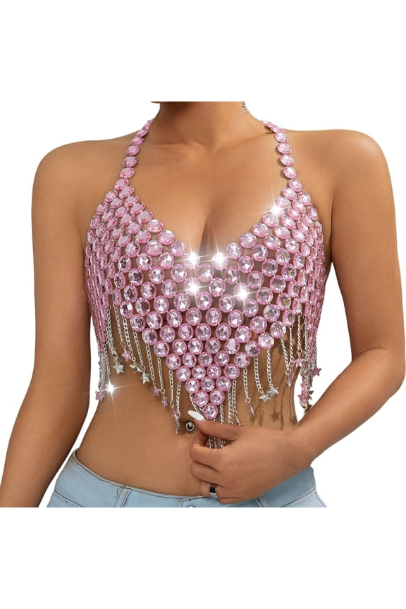 Sparkly Crystal Bra Chain Top for Women See Through Sexy Gemstones Splicing Halter Crop Vest