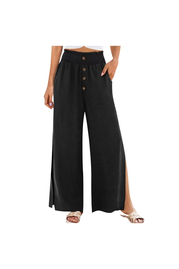 Split Side Flowy Wide Leg Pants for Women Casual 2025 Summer Loose Palazzo Pants Beach Vacation Trousers with Pockets