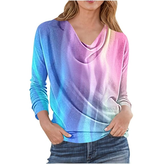 Hvot&aat Spring Fall Tops for Women Cowl Neck Long-sleeve Printed Blouses Regular Fit Pullover