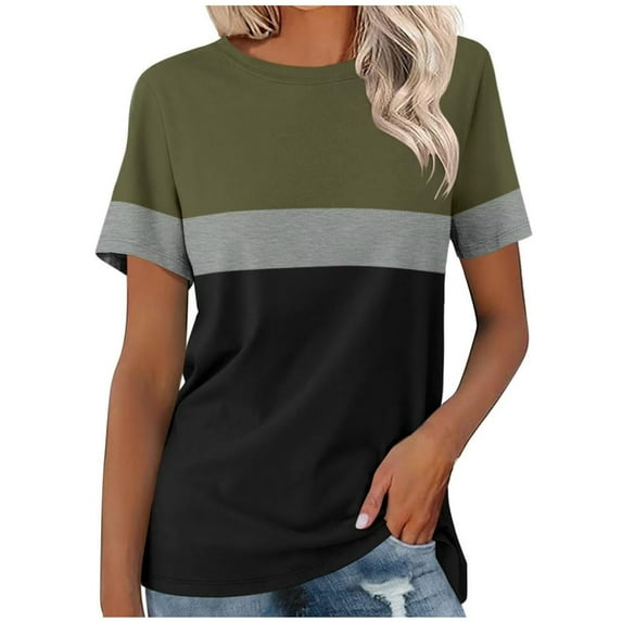 Hvot&aat Striped Colorblock Tops for Women Casual Summer Crew Neck T Shirt Loose Fit Short Sleeve Going Out Blouses