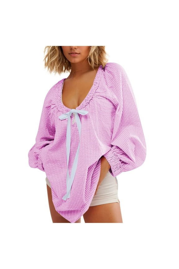 Striped Puff Sleeve Blouses for Women Dressy Cute Adjustable Neck Bow Tie Front Oversized Summer Tunic Shirt Tops