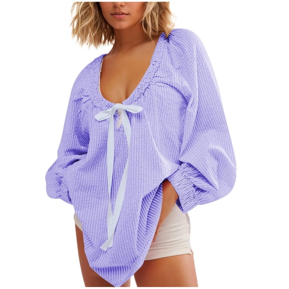 Hvot&aat Striped Puff Sleeve Blouses for Women Dressy Cute Adjustable Neck Bow Tie Front Oversized Summer Tunic Shirt Tops