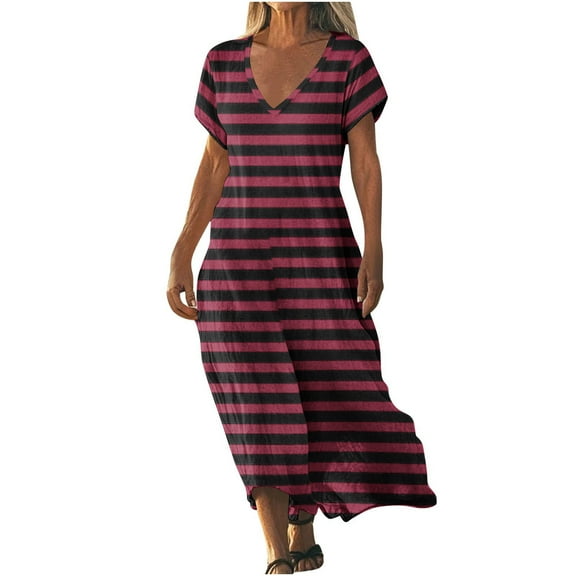 Hvot&aat Striped Summer Dresses for Women Loose Fit Short Sleeve Long Dress Casual V Neck Flowy Maxi Dresses